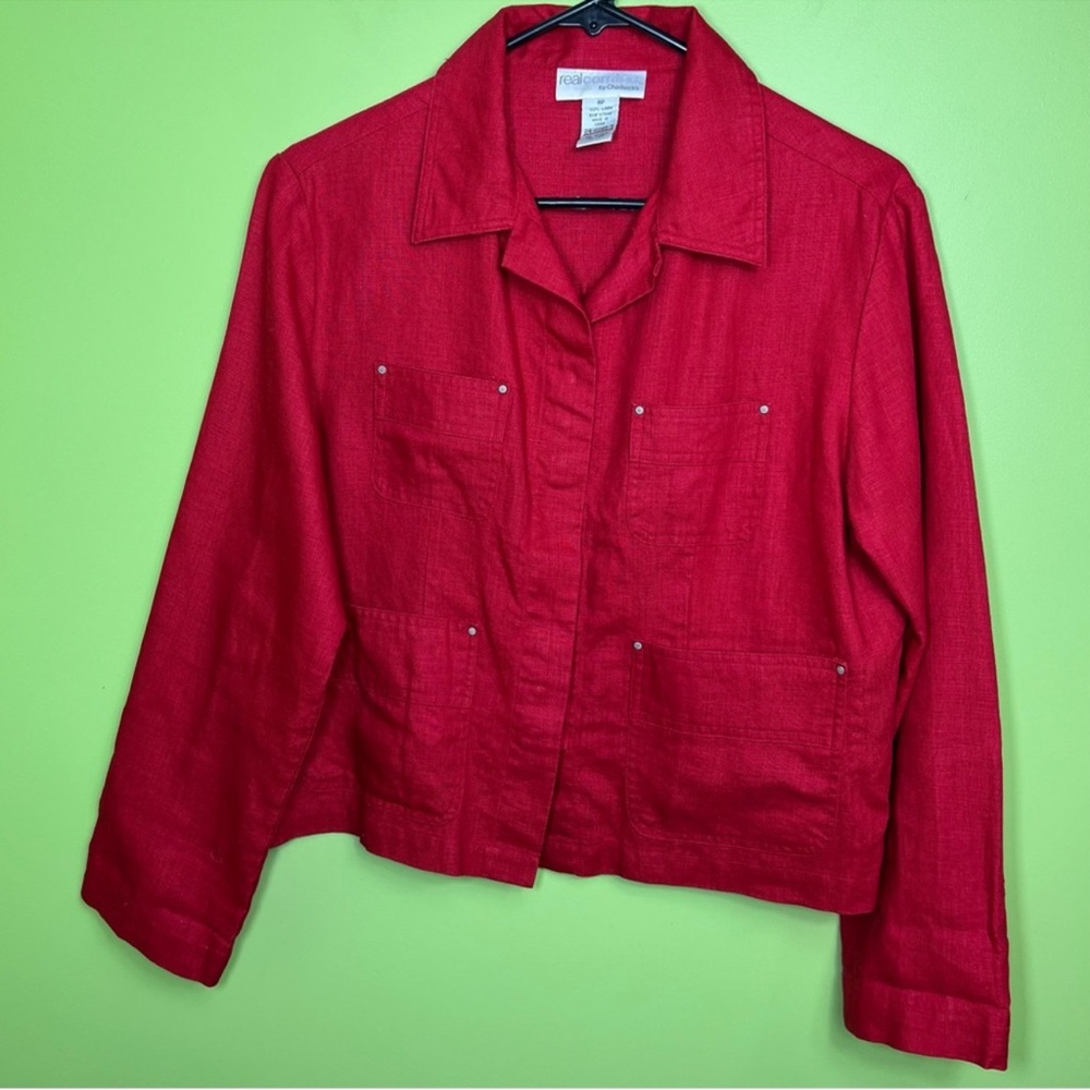 Real Comfort by Chadwick’s red linen snap closure vintage jacket size 8 petite